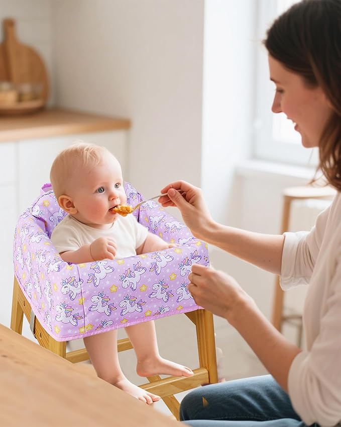 High Chair Cover Portable with 3-Point Harness, Waterproof Baby Seat Cover for Restaurant Travel Home Use, Machine Washable, Fits Wooden Chairs (Purple Unicorn)