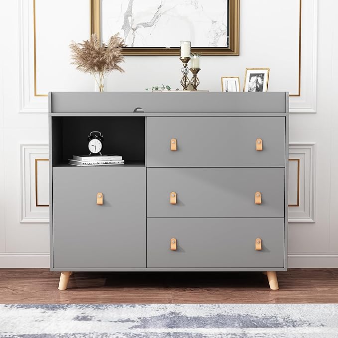 Timechee Baby Dresser Changing Table with Drawers,Shelf,Hidden Laundry Basket Storage,2 in 1 Nursery Dresser Chest for Infants, Baby Diaper Changing Station for Daycare,Bedroom,Grey