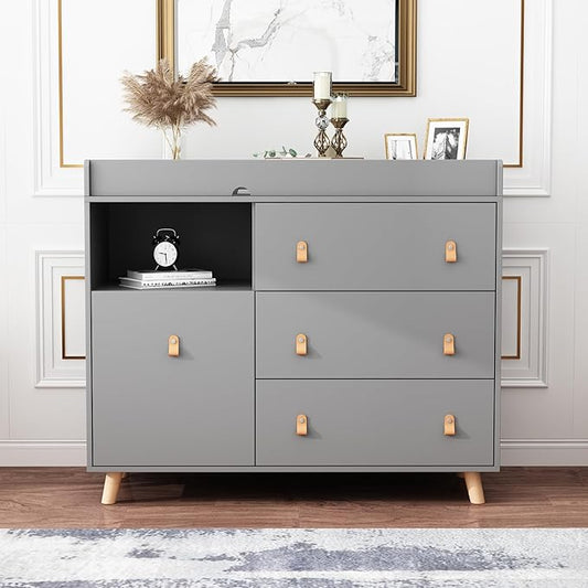 Timechee Baby Dresser Changing Table with Drawers,Shelf,Hidden Laundry Basket Storage,2 in 1 Nursery Dresser Chest for Infants, Baby Diaper Changing Station for Daycare,Bedroom,Grey