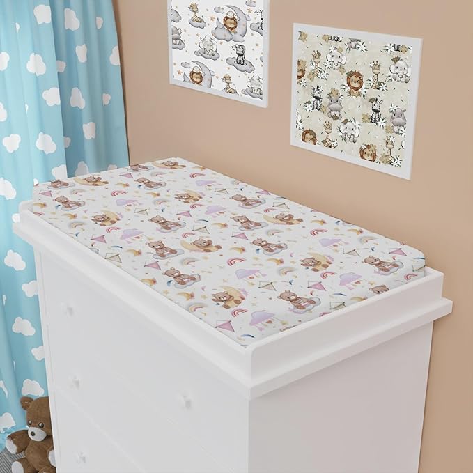 Cartoon Cute Bear Girl Changing Pad Covers Pink Bear Rainbow Moon Stars Clouds Leaf Baby Change Table Sheets Cover for Boys Girls Soft Stretchy Diaper Changing Table Mats 32''x16''
