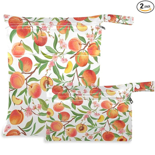 visesunny Peach Tropic Fruit Leaf Flower 2Pcs Wet Bag with Zippered Pockets Washable Reusable Roomy Diaper Bag for Travel,Beach,Daycare,Stroller,Diapers,Dirty Gym Clothes,Wet Swimsuits,Toiletries