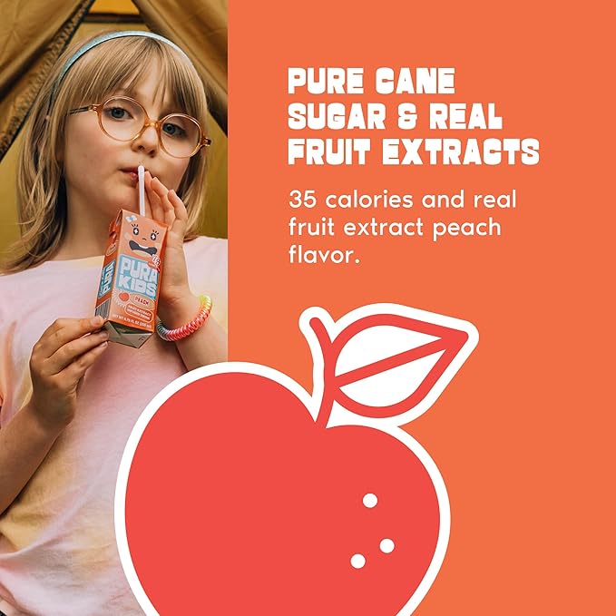 PURA Kids Box | Peach Fruit extract infused Drink for kids | 7g Pure Cane Sugar | Non-GMO | Vegan, No Artificial Sweeteners | Best Lunchbox Beverage with Paper Straw | 6.76 fl oz (200ml), Pack of 24