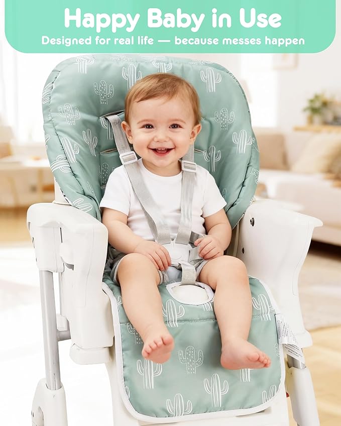 Baby High Chair Cover Replacement, Reversible & Waterproof High Chair Cushion Pad Home & Restaurant use, Includes 5-Point Harness Strap, Chair Not Included - Green