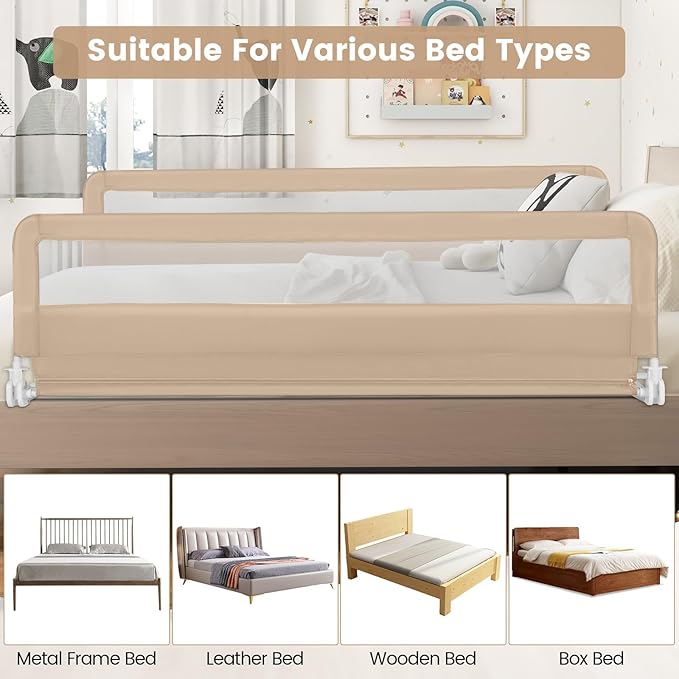 HONEY JOY Bed Rail for Toddlers, 71-in Extra Long, Portable Safety Bed Guardrail w/Double Safety Child Lock, Foldable Baby Bed Rail Guard, Fit King & Queen Full Twin Size Bed Mattress(Beige, Pack 2)
