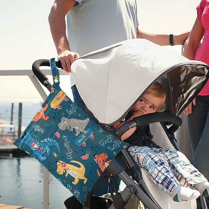 visesunny Music Lover Dinosaur 2Pcs Diaper Changing Totes Wet Bags with Zippered Pockets Washable Reusable Roomy Cloth Diaper for Travel,Beach,Daycare,Stroller,Dirty Gym Clothes,Wet Swimsuits,Toiletri