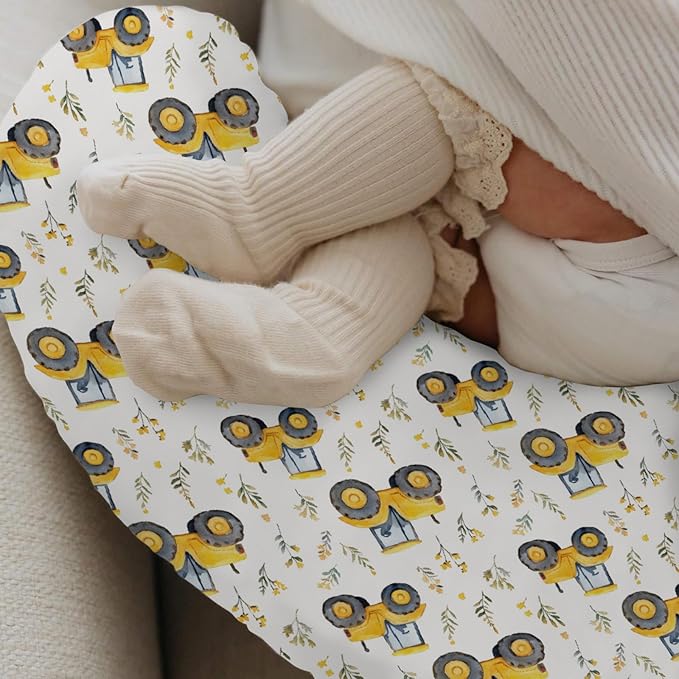 Watercolor Yellow Tractors Baby Nursing Pillow Covers for Boy Girl Farm Tractors Boho Leaves Nursery Feeding Pillowcase for Breastfeeding Pillows Farm Life Soft Stretchy Slipcovers for Newborn Infant