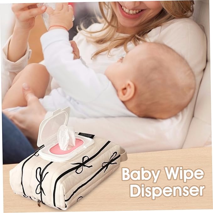 Striped Bow Cotton Wipes Dispenser Refillable Wipes Bag with Handle Portable Hanging Travel 5.1x2.4x9.5inchBaby Dispenser