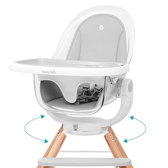 Munchkin® 360° Cloud™ Baby and Toddler High Chair with Clear Seat and 360° Swivel, White and Grey with Wooden Legs & ® Snack Catcher® Toddler Snack Cups, 2 Pack, Pink/Purple