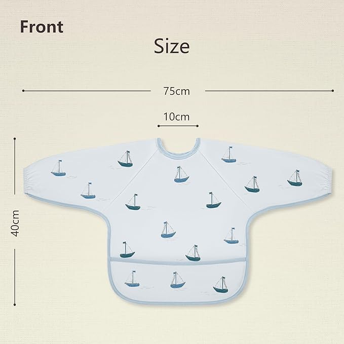 Susurration Baby Long Sleeve Bib 2 Pack Waterproof Sleeved Bib Smock for Baby, Baby Reusable Feeding bibs, 6-36 Months Baby Feeding Essentials - Blue Boat