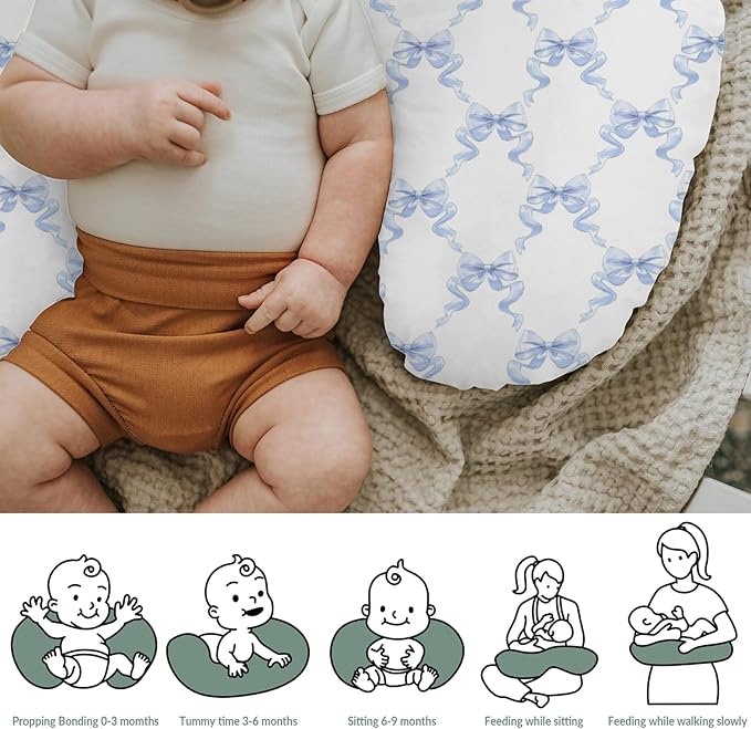 Blue Bows Ribbon Baby Nursing Pillow Covers for Boy Girl Pastel Blue Ribbons Nursing Pillow Slipcovers for Breastfeeding Pillows Watercolor Bows Soft Stretchy Removable Covers for Newborn Infant