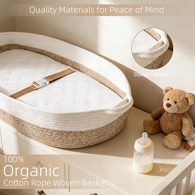 Baby Changing Basket with Diaper Caddy Changing Pad, Breathable & Waterproof Dual-Cover Foldable Portable Travel Cotton Rope Baby Changing Mat for Dresser & Table