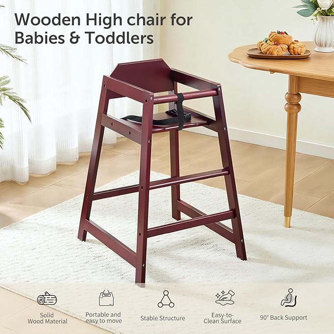 Wooden High Chairs for Babies and Toddlers, Restaurant-Style Stackable High Chair with Commercial Grade Solid Wood for Dining Table & Kitchen, Easy to Clean Baby Booster Seat - Burgundy