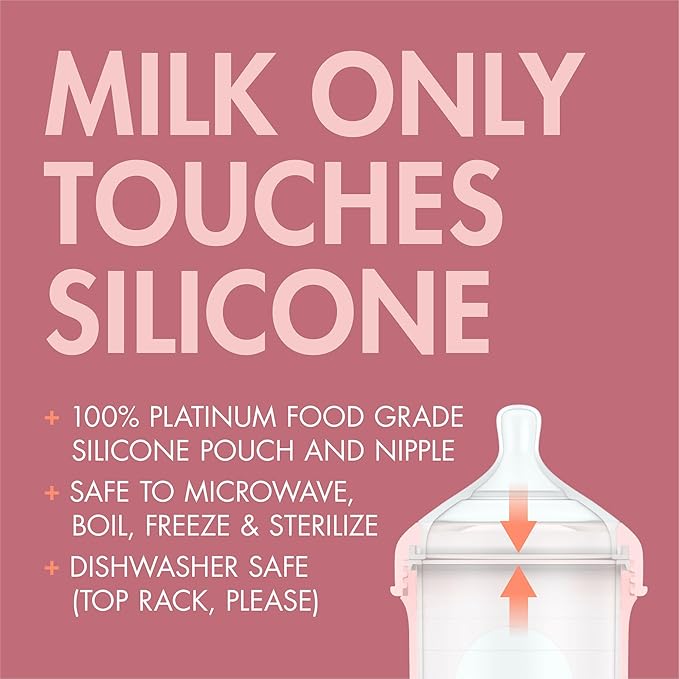 Boon Nursh Bottles - Silicone Baby Bottles Help Ease Colic Symptoms - Reusable Food-Grade Silicone Pouches with Polypropylene Shell - Medium Flow - 8 Oz - Pink