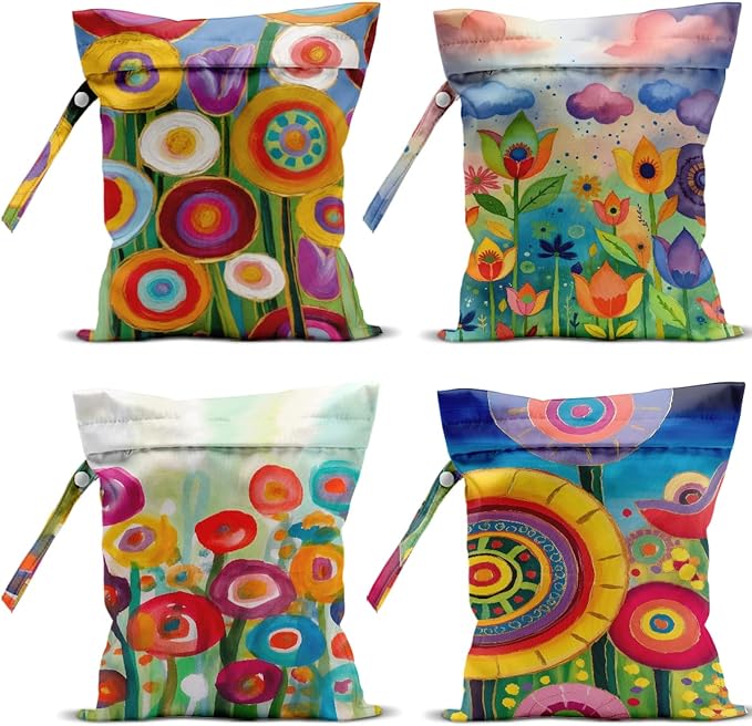 4 Pcs Cute Wet Bag, Wet Bags Waterproof Wet Dry Bag for Swimsuit, Dirty Clothes Diaper Travel Beach Pool Gym Birthday Christmas Toiletries Beach Essentials，Decorative Magical Colorful Floral Gift