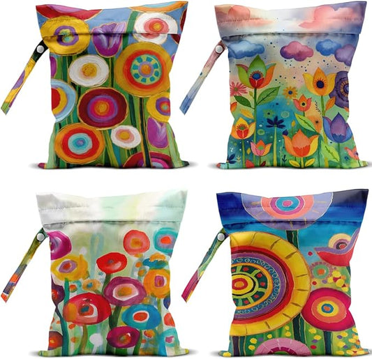 4 Pcs Cute Wet Bag, Wet Bags Waterproof Wet Dry Bag for Swimsuit, Dirty Clothes Diaper Travel Beach Pool Gym Birthday Christmas Toiletries Beach Essentials，Decorative Magical Colorful Floral Gift