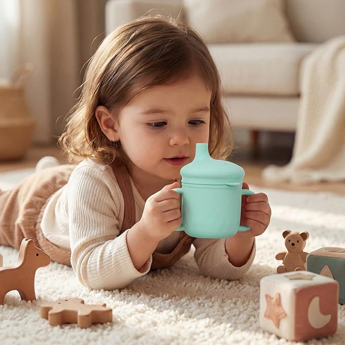 8 oz 3 in 1 Silicone Baby Sippy Cups & Snack Cups with Lid Straw for Toddlers 1-3 Spill Proof Stainless Steel Snack Containers Food Catcher for Baby Toddler Drinking Training(Light Green)
