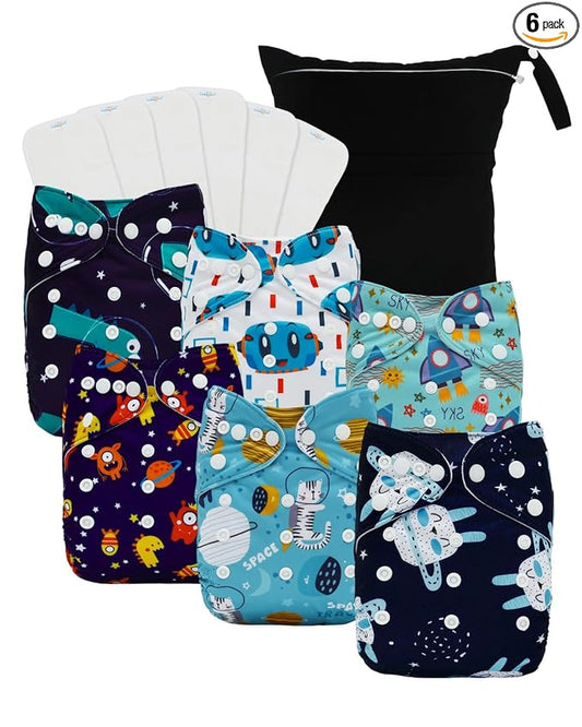 babygoal Boy Cloth Diapers Pack of 13, Baby Reusable Washable Pocket Nappy, 6pcs Diapers+6pcs Rayon from Bamboo Inserts+Wet Bag