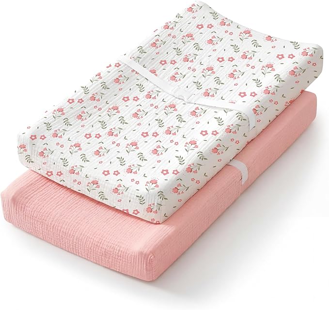 Muslin Changing Pad Cover Waterproof 2-Pack for Baby Girl Boy, Soft Breathable Diaper Changing Table Covers Set
