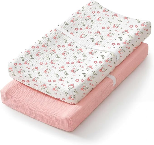 Muslin Changing Pad Cover Waterproof 2-Pack for Baby Girl Boy, Soft Breathable Diaper Changing Table Covers Set