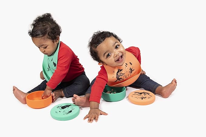 Modern Twist Bucket-Bib 100% Food-Grade Silicone, Waterproof and Reusable, Bear Family – Mint Green