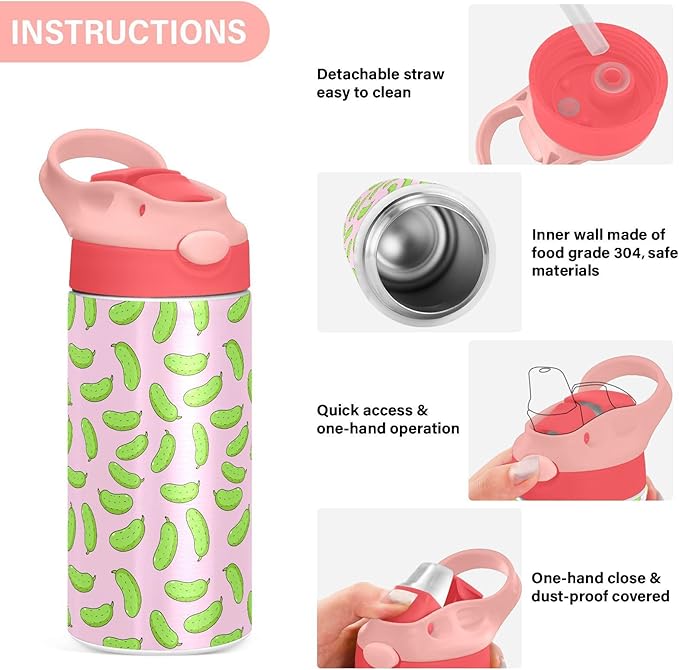 Kawaii Panda Kids Water Bottle with Straw and Carry Handle Cute Bear Pink Vacuum Insulated Stainless Steel Bottles Leak-Proof for Boys Girls Toddler 12 oz Pink Lid