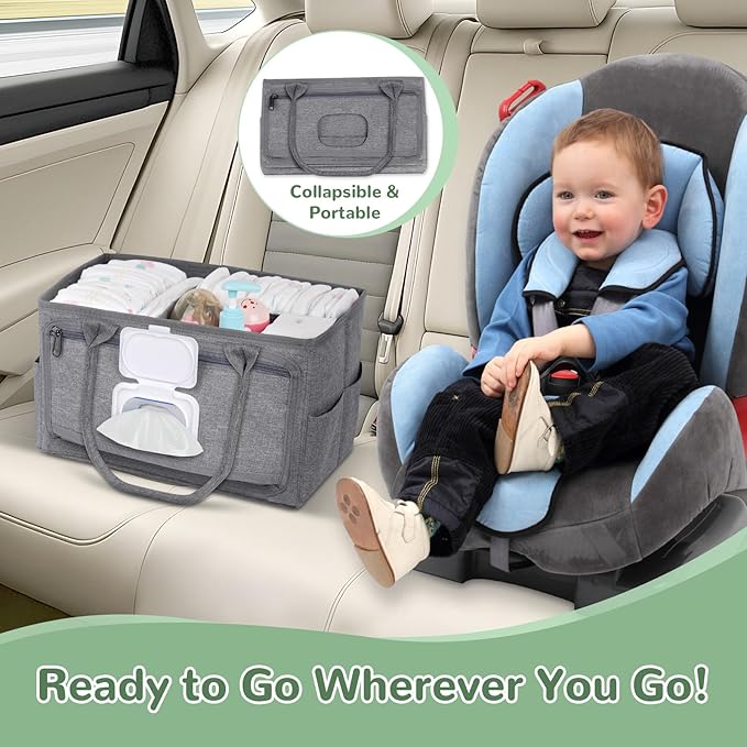 Volnamal Diaper Caddy with Wipe Dispenser One-Handed Access, Premium Diaper Organizer, Portable Car Organizer Nursery Basket for Newborn Essentials, Baby Registry Must Haves for Boys & Girls,Grey