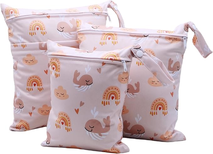 3pcs Cloth Diaper Wet Dry Bags Waterproof Reusable with Two Zippered Pockets Travel Beach Pool Daycare Soiled Baby Items Yoga Gym Bag for Swimsuits or Wet Clothes (3036-3-clouddolphin)
