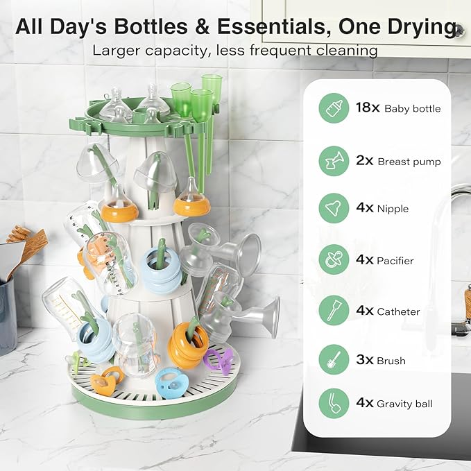 TAZENI Large Baby Bottle Drying Rack with 20 Hooks, Tree-Shaped Space Saving Countertop Bottle Dryer, 360° Air Flow, Non-Slip Stable Base - Baby Bottle Organizer, Newborn Essentials Must Haves
