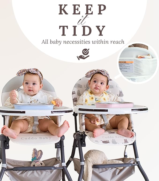 CuddoBaby Purrfect High Chair for Babies & Toddlers, Foldable Highchair with Weld-in-One Stable Base, 5-Point Harness, Large Adjustable Tray, Storage Bag, Waterproof PU Leather, Unisex - Friends