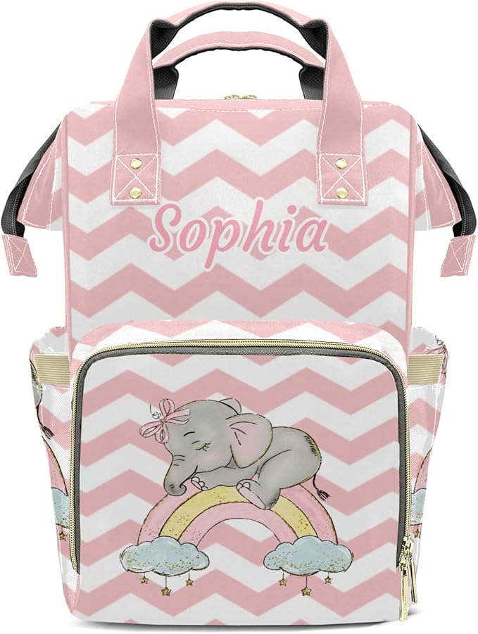 Rainbow Pink Elephant Mommy Bag for Baby Girl Custom Diaper Bag Backpack Waterproof Multi-Function Travel Camping Picnic Diaper Carrying Bag