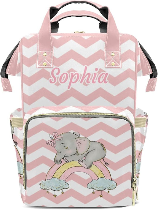 Rainbow Pink Elephant Mommy Bag for Baby Girl Custom Diaper Bag Backpack Waterproof Multi-Function Travel Camping Picnic Diaper Carrying Bag