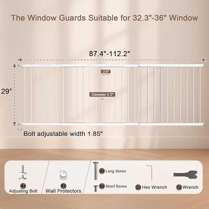 Fairy Baby Window Guards for Children, 87.4"-112.2" Adjustable Wide Child Safety Window Guard Prevents Accidental Falls, Home Security Childproof Interior Bar Guard for Windows Wide (4 Panels)