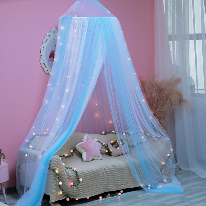 Princess White Blue Bed Canopy with Warm Fairy Lights for Girls Bed Net,Princess Canopy for Kids Bed Room Decor