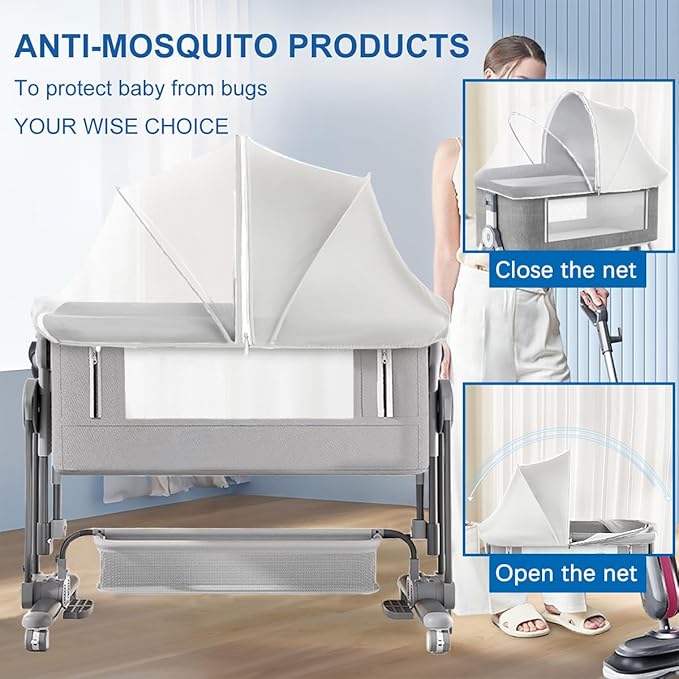 Akiky Portable Bassinet Bedside Sleeper Cover Semi-Sunshade Mosquito Net for Baby Infant Bed Sleeper Cover Mesh Net with Zip-up Window(Gray)