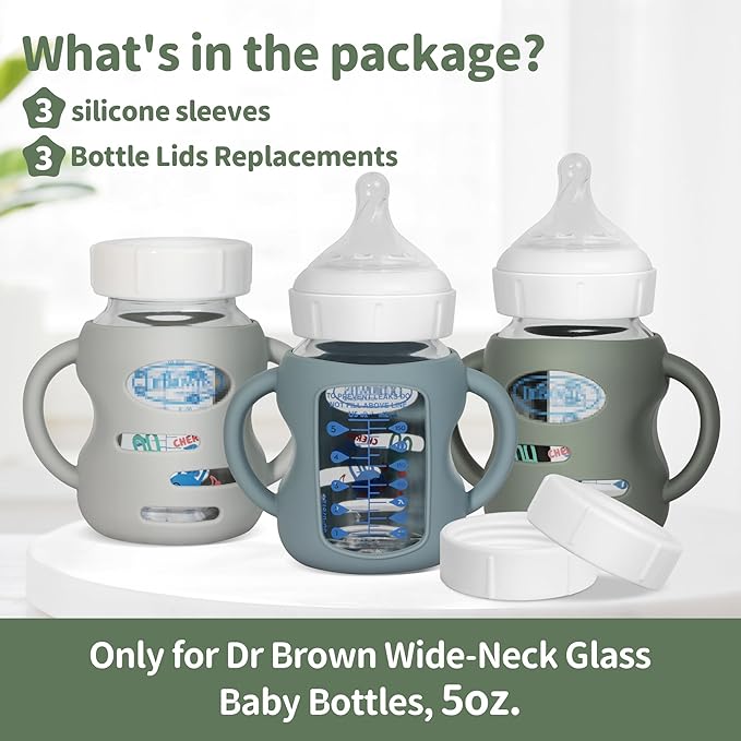 3 Pack Silicone Sleeves for Dr Brown Wide-Neck Glass Baby Bottles, Food GradeAnti Breakage Baby Bottle Holder with Handles and 3pcs Travel Bottle Caps, 5oz