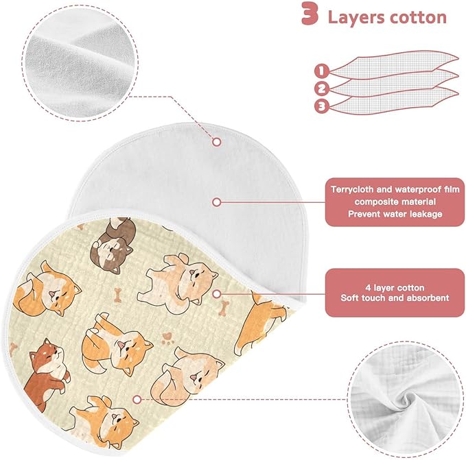 Lovely Shiba Inu Dog Muslin Burp Cloths for Baby 4 Pack Soft 100% Cotton Baby Washcloths Bibs for Boy Girl