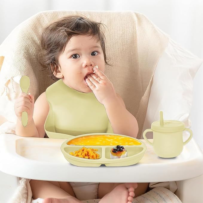 100% Silicone baby feeding set,BPA free Baby dishes set with Suction Bowl Divided Plate,Toddler Self Feeding Dish Set with Spoons Forks Sippy Cup And Bib, Baby Eating Utensils (Yellow)