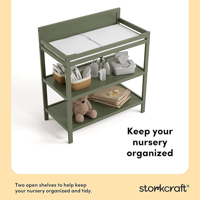 Storkcraft Alpine Changing Table (Olive) - Includes Water Resistant Changing Pad with Safety Strap, 2 Open Shelves for Storage