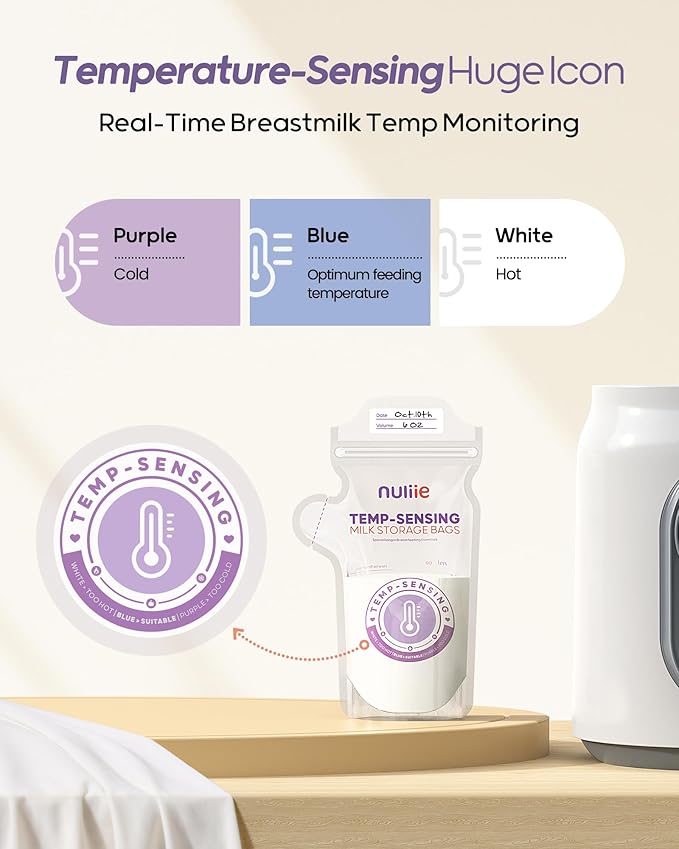 Nuliie 100pcs Temp-Sensing Breastmilk Storage Bag, Huge Temp-Sensing Icon & Locking Clamp, 6oz Breast Milk Storage Bags Freezer Pour Spout, Self Standing Milk Storage Bags Breastmilk, BPA-Free No-Leak
