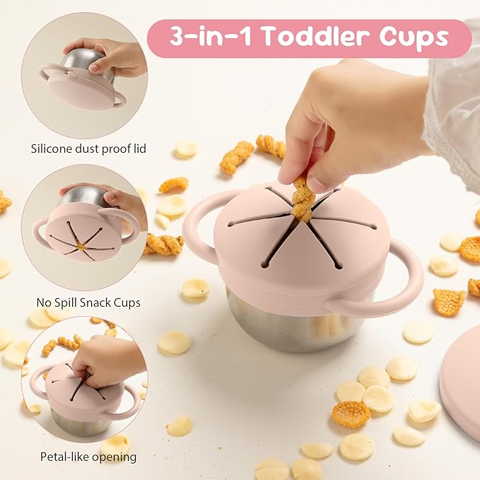 Bufilea Snack Containers for Toddlers, Stainless Steel Toddler Snack Cups with Silicone Food Catcher & Lids,Snack Cups for toddlers Spill Proof (RosePink Creamy, Pack of 2)