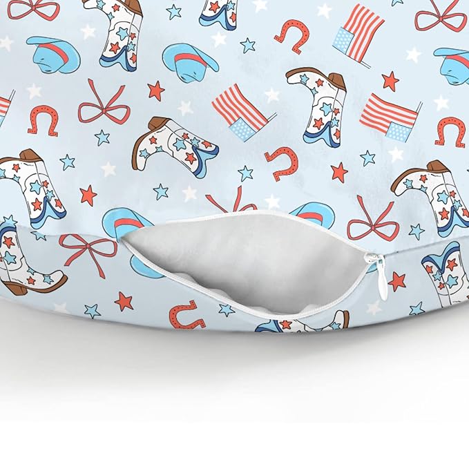 July 4th Western Cowboys Baby Nursing Pillow Covers for Boy Cowboy Boots Hat American Flag Stars Bows Nursing Slipcovers for Breastfeeding Pillows Patriotic Soft Stretchy Cover for Newborn Infant Blue