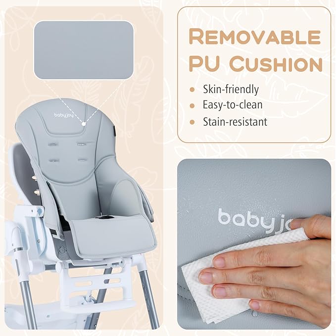 BABY JOY Foldable High Chair, Portable Highchairs for Babies and Toddlers with 7 Heights, 5 Recline Positions, Adjustable Foot Rest, Double Removable Tray & Built-in Wheels (Light Gray)