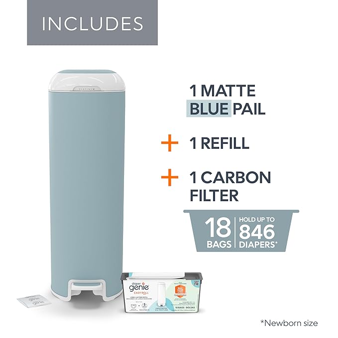 Diaper Genie Platinum Pail (Glacial Blue) is Made in Durable Stainless Steel and Includes 1 Easy Roll Refill with 18 Bags That can Last up to 5 Months.