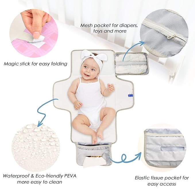 Portable Diaper Changing Pad Travel Baby Changing Mat Waterproof Diaper Changing Mat Foldable Lightweight Baby Changer with Built-in Pillow Checkered Pink 01