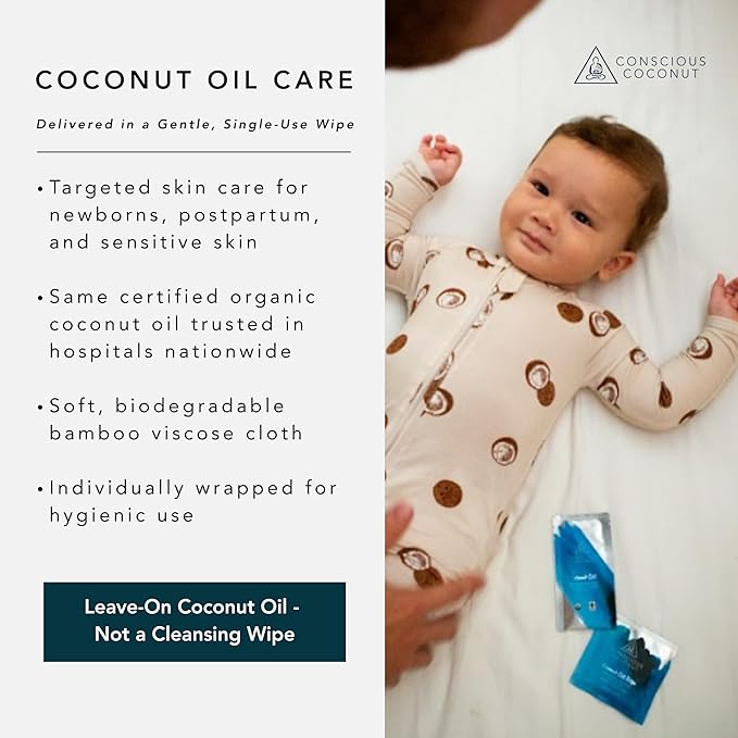 Organic Coconut Oil Baby & Postpartum Wipes – Fragrance-Free, Individually Wrapped, Biodegradable Bamboo Wipes for Newborn & Maternal Skin Care – Conscious Coconut