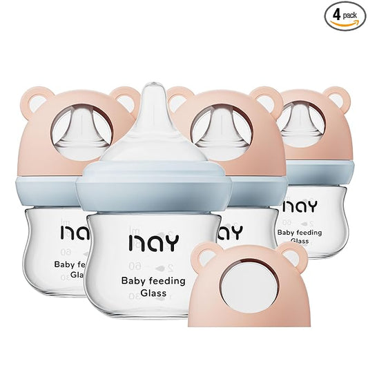 yanyoyo Natural Glass Baby Bottle for Breastfeeding Babies, 3oz Newborn Anti-Colic Baby Bottle with Slow Flow Nipples (SS), Clear, Wide Neck, 4 Pack, 0 Months+