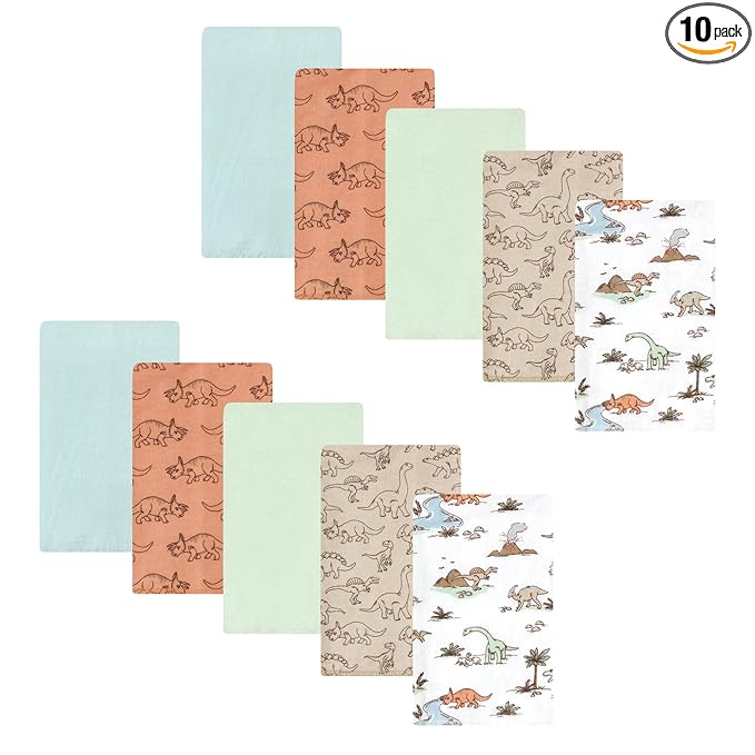 Hudson Baby Unisex Baby Cotton Flannel Burp Cloths, Dinosaur Adventures 10-Pack, One Size