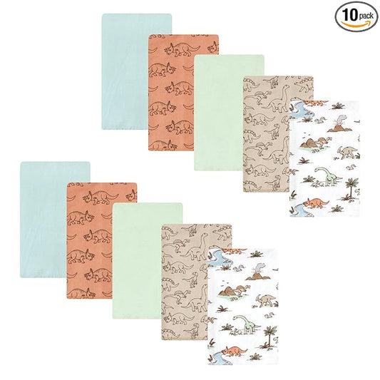Hudson Baby Unisex Baby Cotton Flannel Burp Cloths, Dinosaur Adventures 10-Pack, One Size
