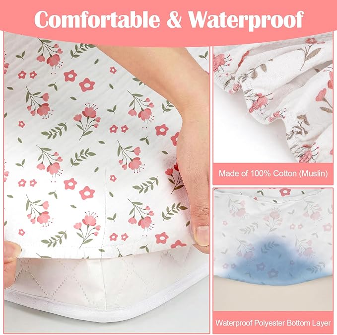Muslin Changing Pad Cover Waterproof 2-Pack for Baby Girl Boy, Soft Breathable Diaper Changing Table Covers Set