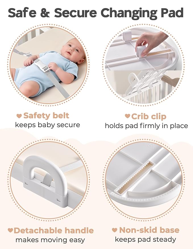 Xaproo Baby Changing Pad, Soft EVA Wipeable Diaper Changing Pad with Adjustable Crib Clips, Non-Slip Changing Table Pad with Safety Strap & Side Handles, Fits Cribs, Dressers & Changing Tables, Beige